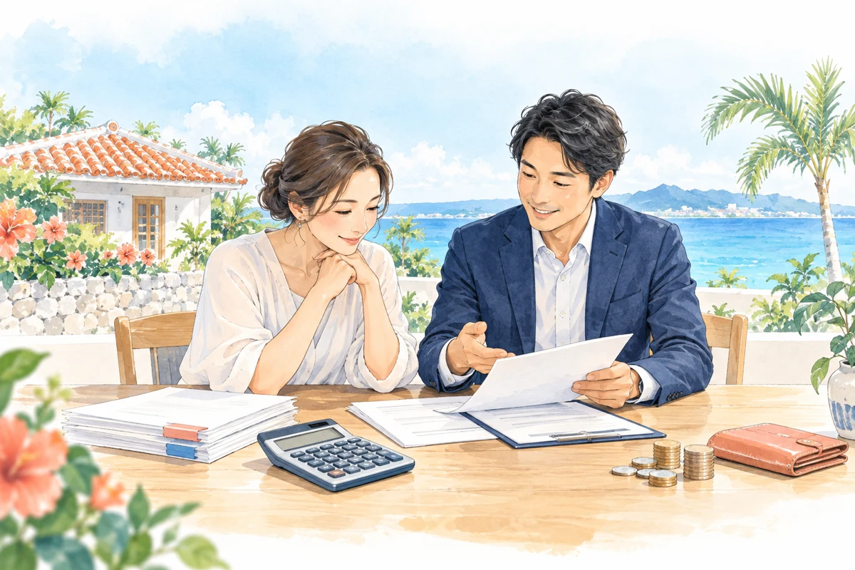 沖縄の住まいを背景に、電卓と費用明細を使って売却費用と手取り額を相談するイラスト